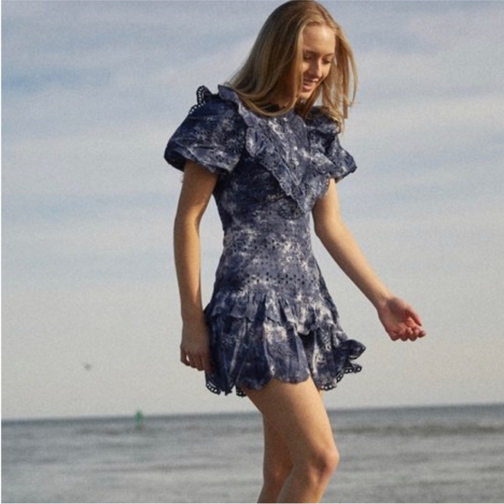 LoveShackFancy Fritzi Tie Dye Navy and White Eyelet Mini Dress sz 2 $495